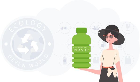 Concept of green world and ecology. A woman holds a bottle made of biodegradable plastic in her hands. Fashion trend vector illustration.