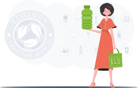 Concept of green world and ecology. The girl holds a bottle made of biodegradable plastic in her hands. Trend style.Vector illustration.