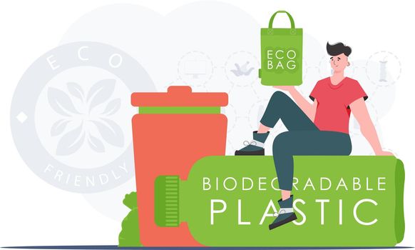 Concept of green world and ecology. The guy sits on a bottle made of biodegradable plastic and holds an ECO BAG in his hands. Trend style.Vector illustration.