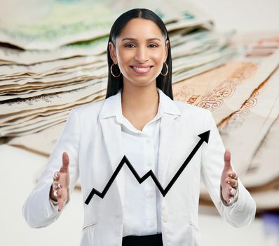 Frugality includes all the other virtues. a young business woman showing a graph against a cgi background of money.