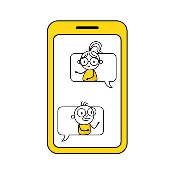 Man and woman are looks out of chat bubbles and talking to each other. Communication and social media concept. Vector stock illustration