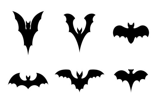 Set of black silhouette bats. Creepy decoration of horror design for Halloween party. Spooky background for october night party and invitations. Flat vector stock illustration.