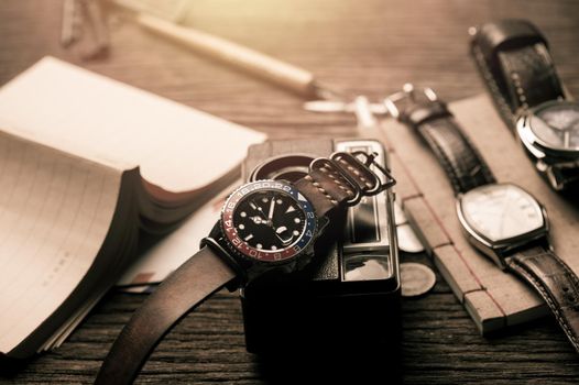 men wristwatch with leather strap
