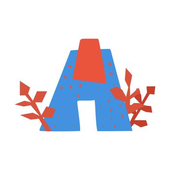 Bright letter A in cut out collage style. Hand drawing isolated vector illustration with herbs