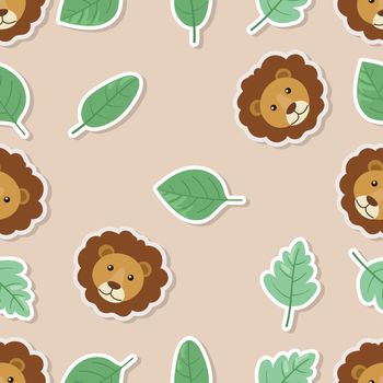 Seamless doodle lion and leaf sticker cartoon pattern