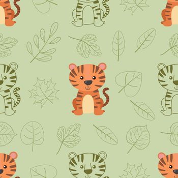 Seamless doodle tiger and leaf outline cartoon pattern