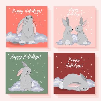 Happy holidays postcard. Year of the rabbit 2023. Children's cards magic. Posters with rabbits