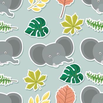 Seamless doodle elephant and leaf sticker cartoon pattern