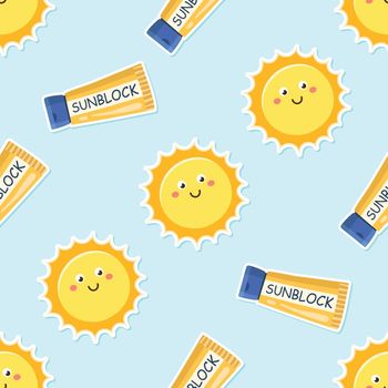 Seamless sun and sunblock sticker in summer cartoon pattern
