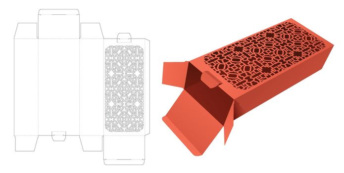Easily long box with stenciled pattern window die cut template and 3D mockup