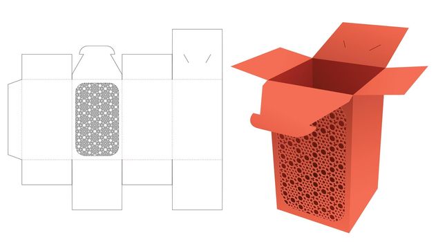 Flip and locked packaging box with stenciled pattern window die cut template and 3D mockup