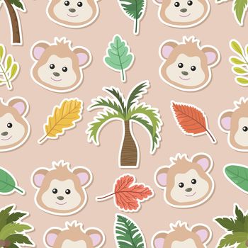 Seamless doodle monkey in jungle sticker cartoon pattern