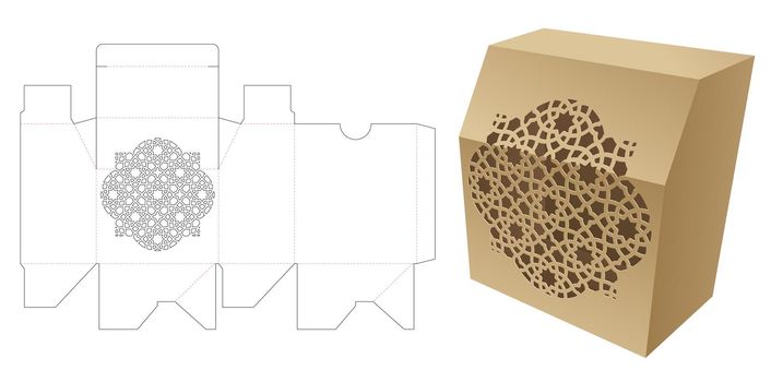 Chamfered packaging box with stenciled Arsbic pattern die cut template and 3D mockup