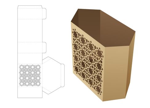 Hexagonal stationery box with stenciled Arabic pattern die cut template and 3D mockup