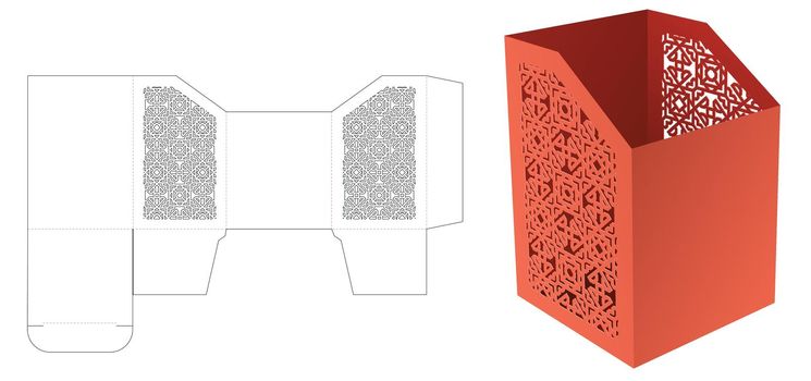 Cardboard stationery box with stenciled geometric pattern die cut template and 3D mockup