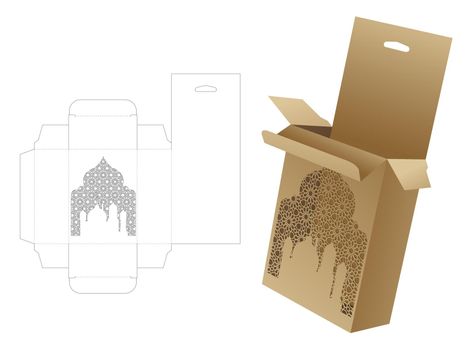 Hanging box with stenciled Arabic pattern die cut template and 3D mockup