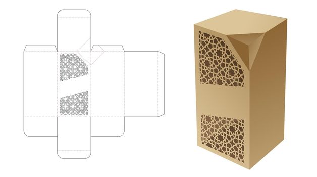 Chamfered tall box with stenciled Arabic pattern window die cut template and 3D mockup