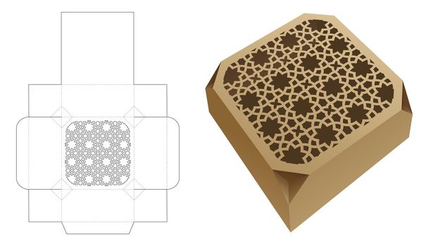 Chamfered corner box with stenciled Arabic pattern die cut template and 3D mockup
