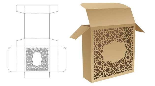 Tin box with stenciled pattern window die cut template and 3D mockup