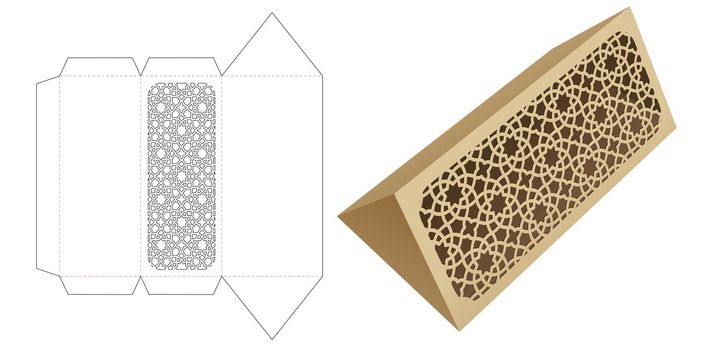 Triangle box with stenciled Arabic pattern die cut template and 3D mockup