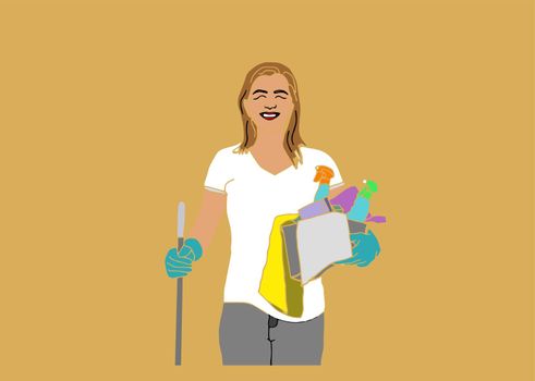 Cleaner with a bucket and a vacuum cleaner. Cleaning products and detergents. .Vector illustration