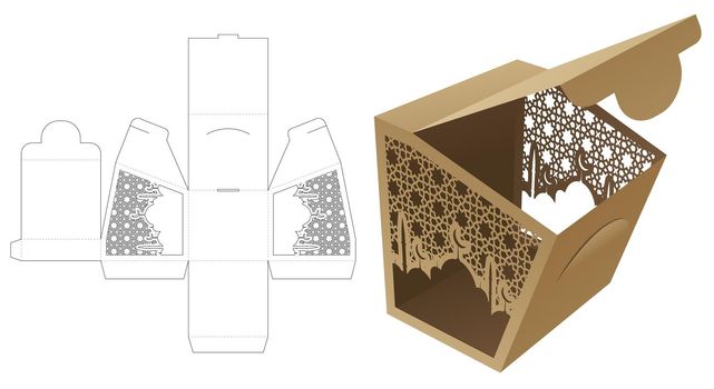 Stenciled Arabic pattern flip box with and locked point die cut template and 3D mockup