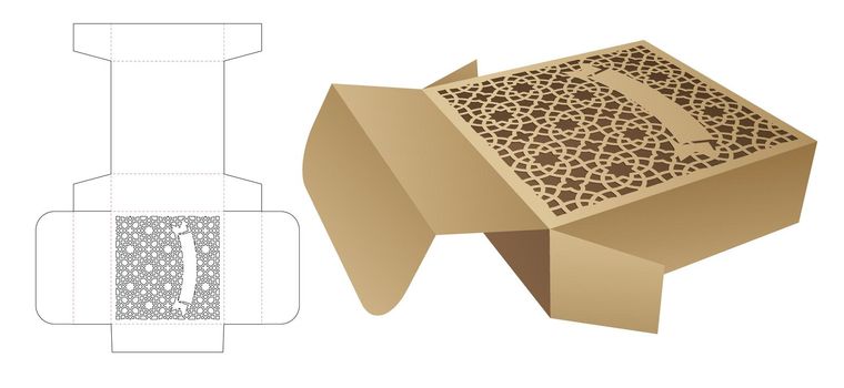 Packaging box with stenciled pattern die cut template and 3D mockup