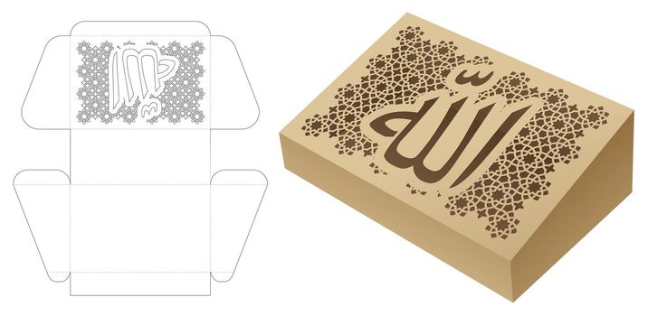 Sloped box with stenciled word GOD in Arabic window die cut template and 3D mockup