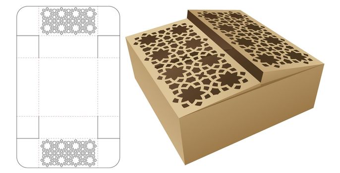 2 flaps box with stenciled Arabic pattern die cut template and 3D mockup