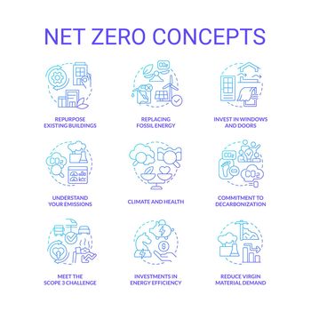 Net zero blue gradient concept icons set