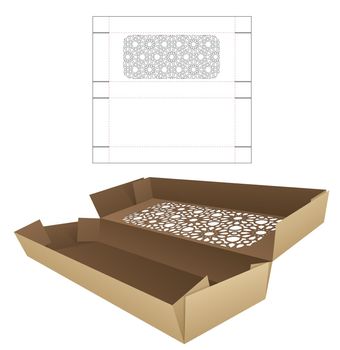 Folded bakery long box with Arabic pattern window die cut template and 3D mockup