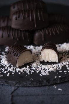 chocolate homemade bounty with coconut fillings