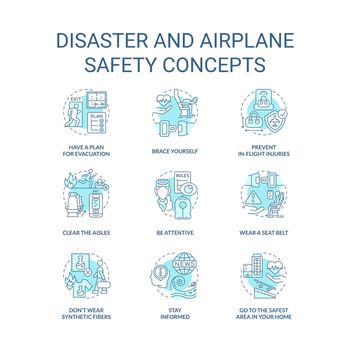 Disaster and airplane safety turquoise concept icons set