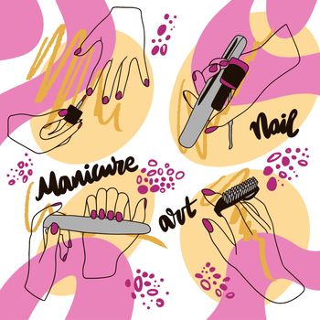 Manicure set, tools and manicure work process, painting fingernails, doodle