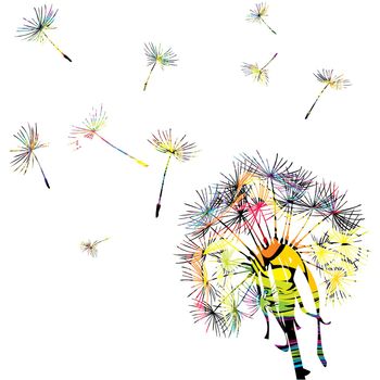 Colorful dandelion with flying seeds