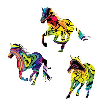 Colorful abstract silhouettes of three galloping horses