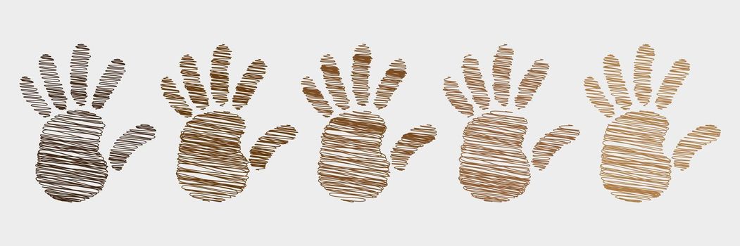 Handprint of people of different races. Sketch in children's style. Let's stop racism together.