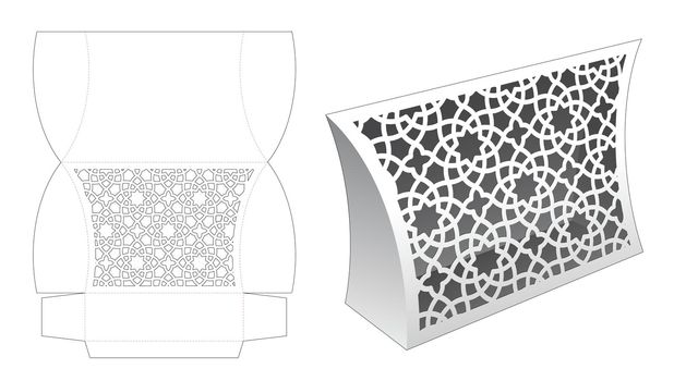 Stenciled pattern pillow box die cut template and 3D mockup