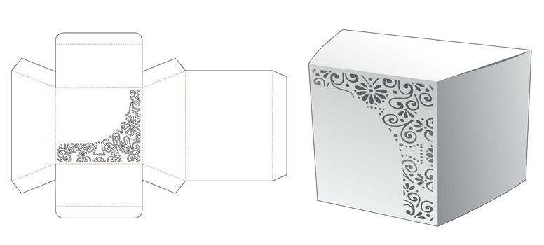 Trapezoid packaging box with stenciled pattern die cut template and 3D mockup