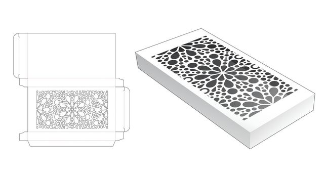 Tin rectangular packaging with stenciled mandala window die cut template