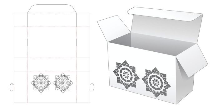 Folding box with stenciled mandala window die cut template