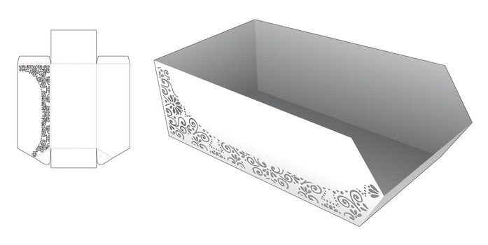 Cardboard chamfered tray with stenciled die cut template and 3D mockup