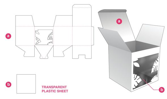 Packaging box with jungle window and transparent plastic sheet die cut template