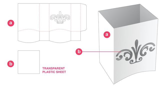 bottom curved box and luxury element window with transparent plastic sheet die cut template