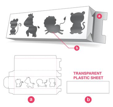 Cardboard long packaging with jungle animals window and transparent plastic sheet die cut template