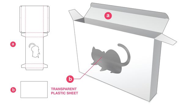 Cardboard tin box with cat window and transparent plastic sheet die cut template