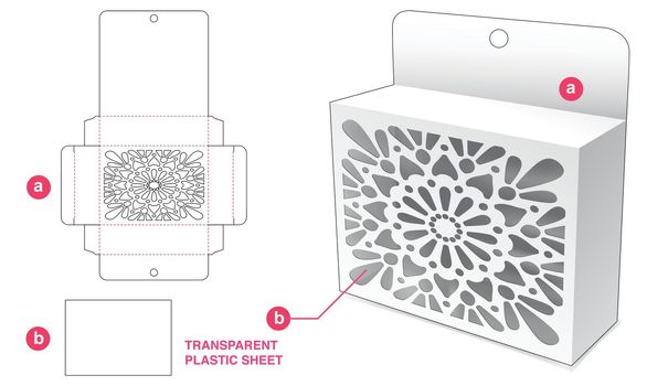 Cardboard hanging packaging with stenciled mandala and transparent plastic sheet die cut template