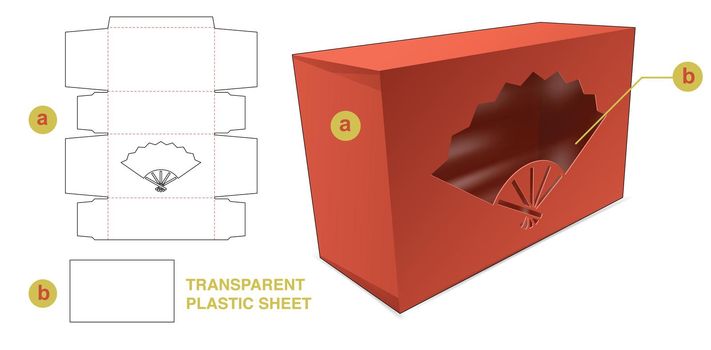 Cardboard packaging with Chinese paper fan window and transparent plastic sheet die cut template