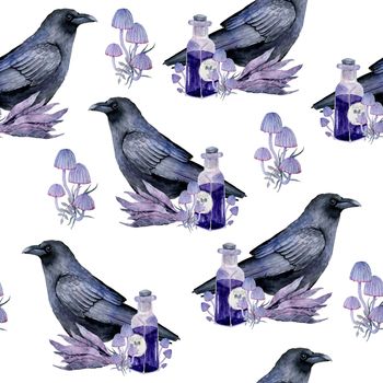 Watercolor hand drawn seamless pattern with black raven bird purple witch forest herbs, leaves. Spooky horror witchcraft Halloween background. Wood mystic print.