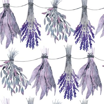 Watercolor hand drawn seamless pattern with purple witch forest poisonous herbs, leaves. Spooky horror witchcraft Halloween background. Wood mystic print.